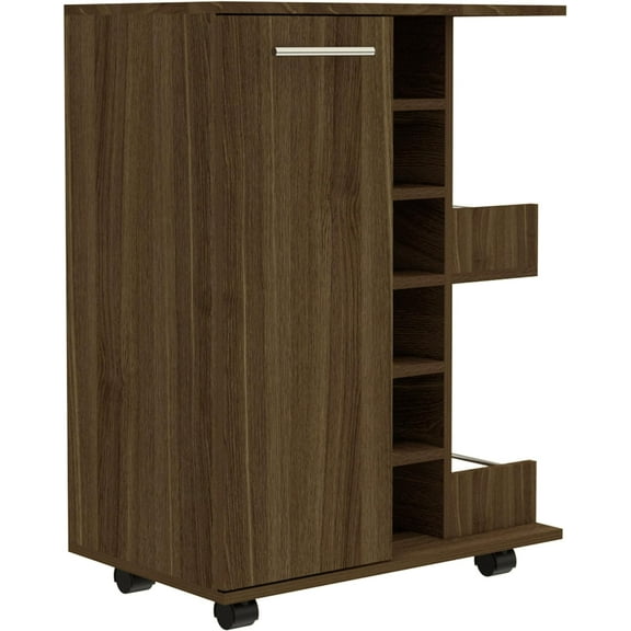 Tuhome Bar Cart, Two External Shelves, Four Casters, Six Built-in Wine Rack, Single Door Cabinet -Dark Walnut