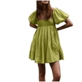 thumbnail image 5 of Sakmal Mini Summer Dresses for Women 2024 Green Square Neckline Pleated Solid Short Sleeve Elegant A-Line Dress, 5 of 9