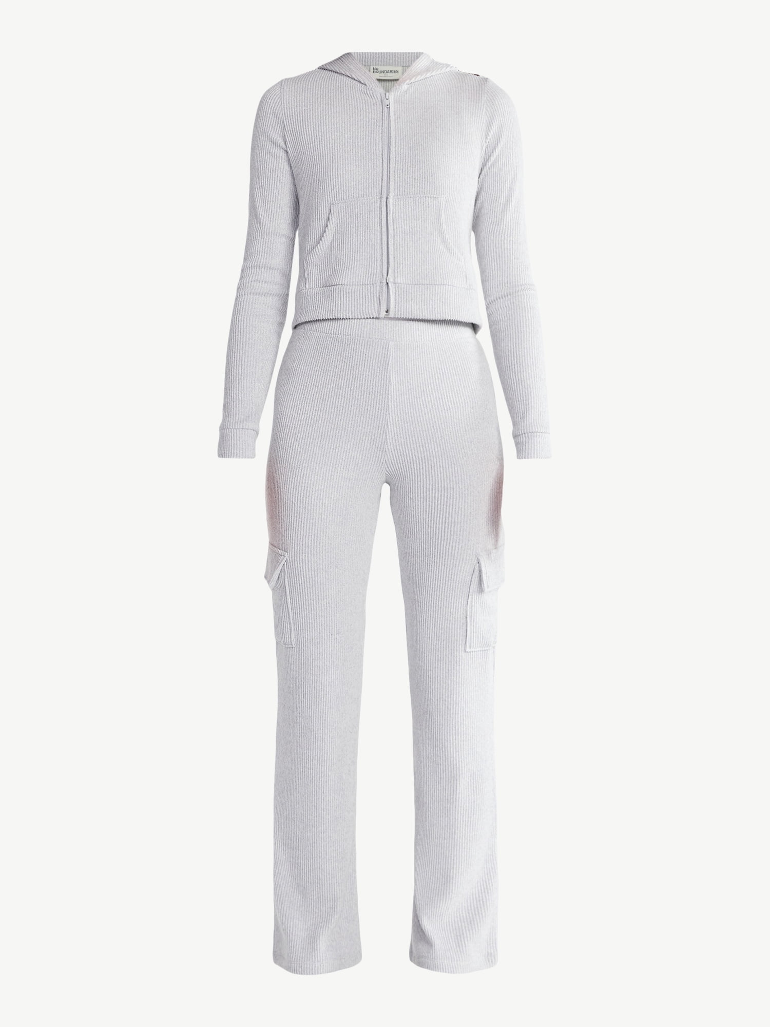 No Boundaries Brushed Ribbed Zip-Up Hoodie and Flare Pants Set, 2-Piece, Women's