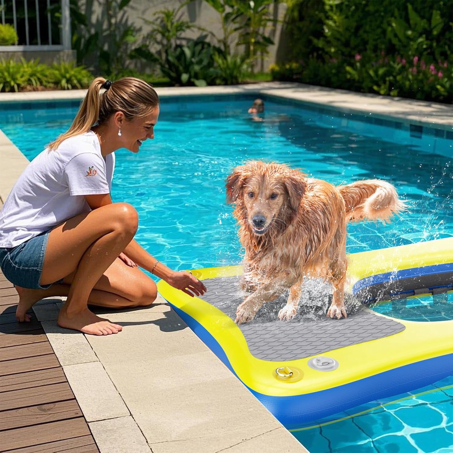 Inflatable Dog Pool Ramp Float Dock Platform for Large Dogs Up to 230 lbs, Dog Water Ramp Ladder with Non Slip Steps | Heavy Duty Floating Dogs Dock for Boat, Inground Above Ground Pool, Lake, River