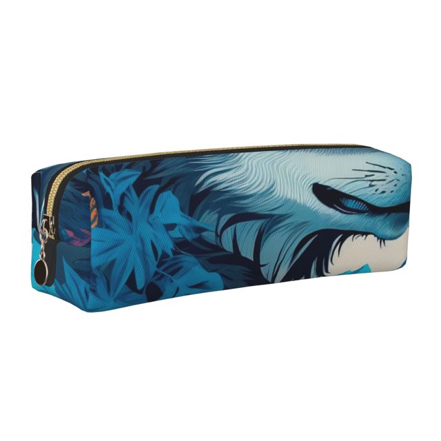 Fotbe Blue Iceberg Leaf Wolf Estuche para Lápices de Cuero con Estampado, Estuche con Cremallera Resistente, Organizador Compacto y Elegante para Papelería