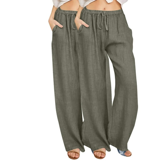 2PC Linen Pants Women 2025 Summer Beach Lounge Palazzo Trousers Loose Elastic Plus Size Drawstring with Pockets Pants