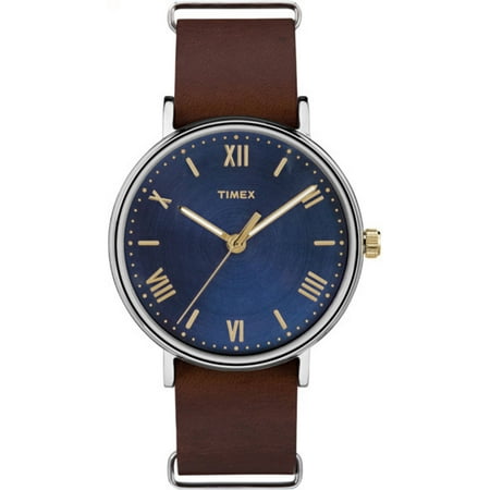 Timex Men's Southview 41 Blue/Silver-Tone Watch, Brown Leather Strap