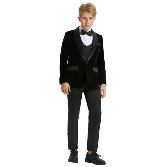 Boys Suit Set 3pc Velvet Satin Shawl Lapel Jacket With Matching Vest & Pants Free Shirt & Bow Tie-Slim Fit