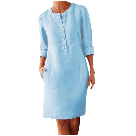 Npasoilc Half Button Dress for Women Crew Neck Long Sleeve Shirts Casual Linen Mini Dresses with Pockets