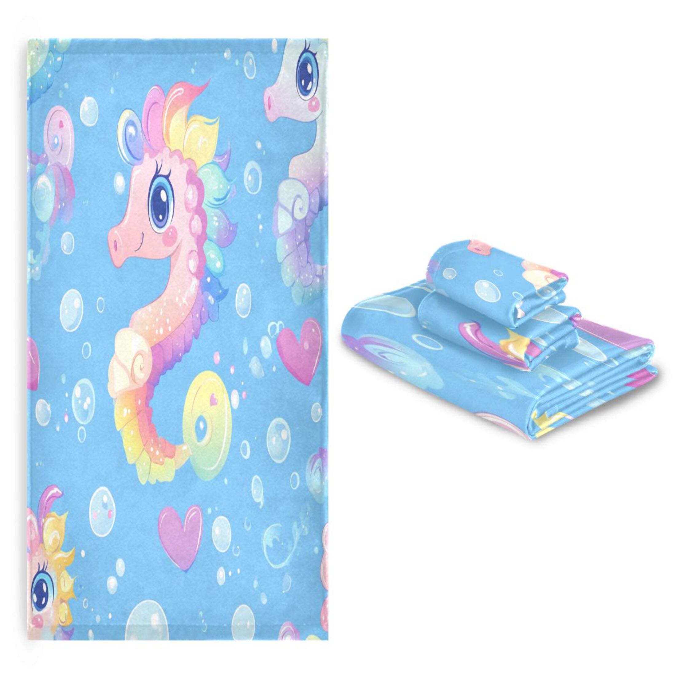 WOBOGO Pattern Featuring Cute Baby Seahorses Ultra Soft 3 Pack Cotton Towel Set for Everyday Use Lightweight and Compact