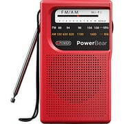 PowerBear Portable Radio | AM/FM, 2AA Battery Operated with Long Range Reception for Indoor, Outdoor & Emergency Use | Radio with Speaker & Headphone Jack (Red)