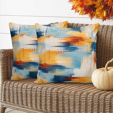 Abstract Strokes Pillow Covers 2 Pack Fall Modern Geometric Blue Yellow Brown Lines Pillowcase Waterproof Outdoor Throw Pillow Cover for Patio Garden Balcony Decorative Square Cushion 18 x18