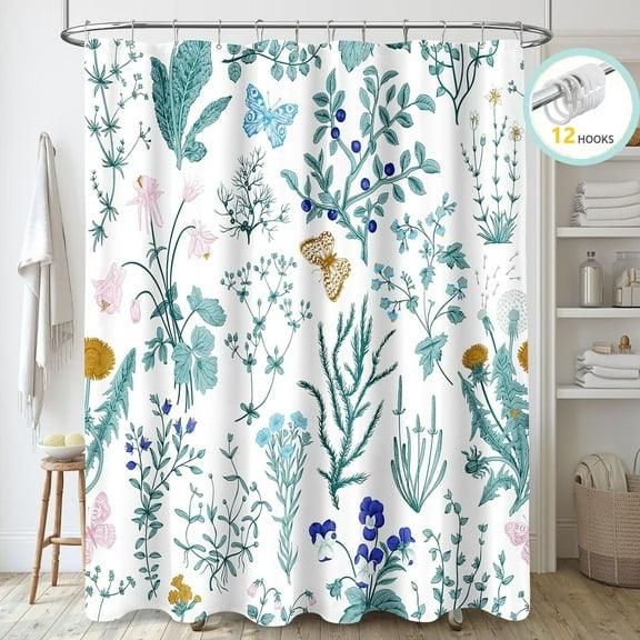 Zrodlmo Plant Herbs Butterfly Cute Fabric Shower Curtain with Hooks, Water-Repellent Washable Fabric Bathroom Curtain, 72"x 72",Sky Blue