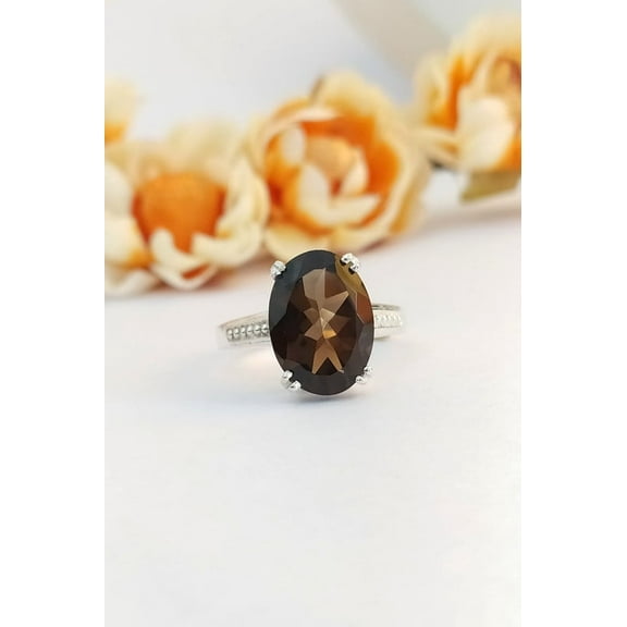 Smokey Quartz Thanks Ring-Big Smoky Stone Cocktail Ring-Solitaire Statement Ring-925 Solid Sterling Silver Jewelry Handmade Ring-Ring