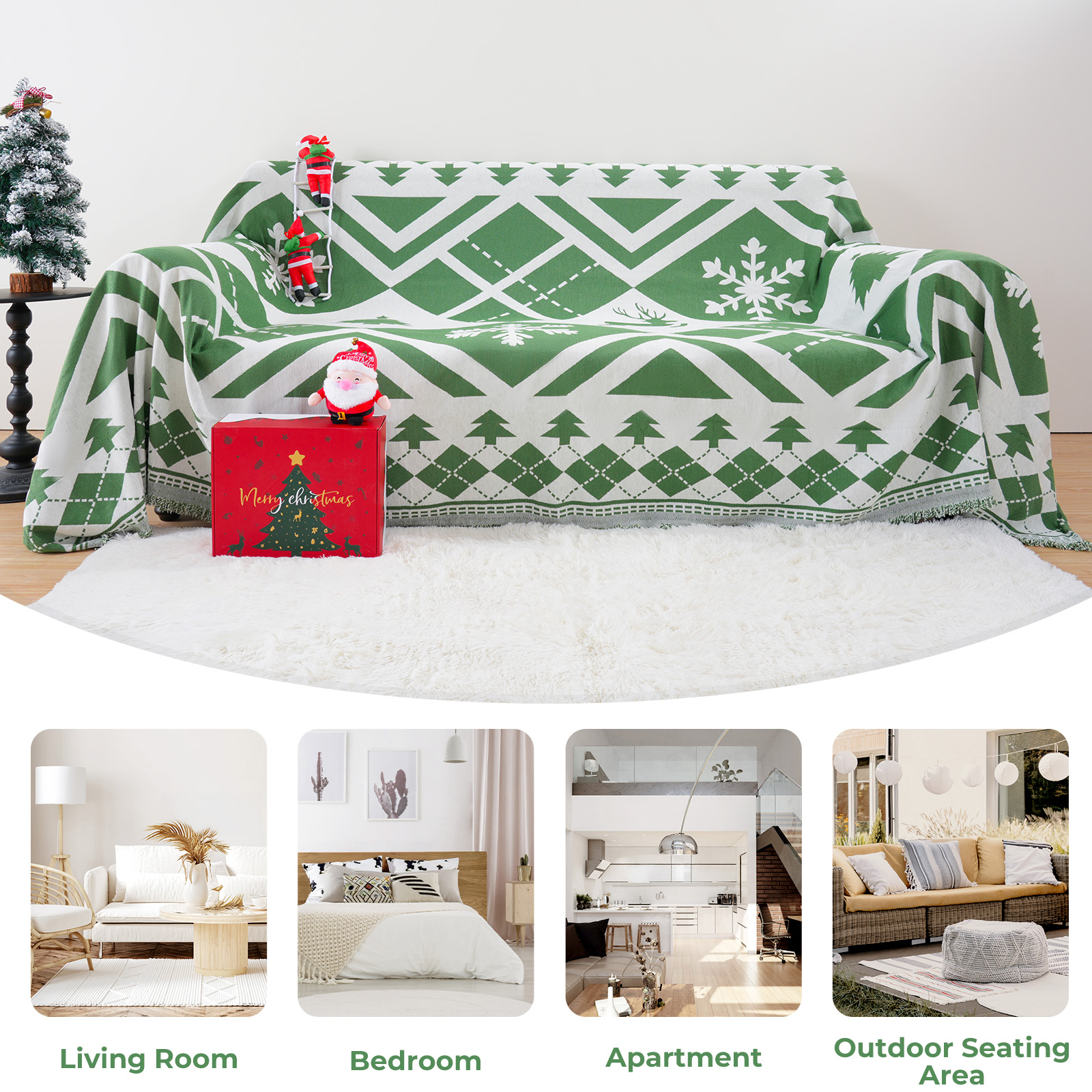 Sanmadrola Boho Sofa Cover Chenille Couch Covers Blanket Furniture Protector for Sectional Sofa, Anti Slip Couch Covers for 2 Cushion Couch, Washable Slipcover for Dog (Xmas Green, 71"x102")