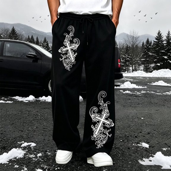 Men's Y2K Gothic Cross Print Pants – Versatile Elastic Waist Casual Trousers in Sizes S-XXXL, for Daily Streetwear and Urban Fashion