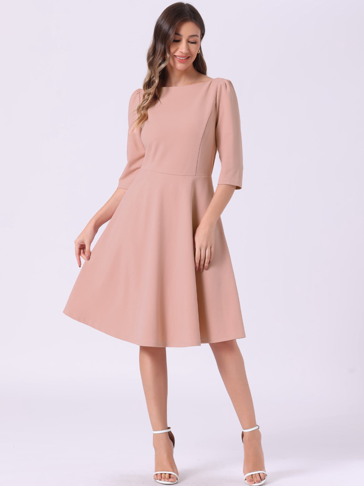 DARING DIVA Midi Boat Neck Short Sleeves A-Line Office Dress S Pink