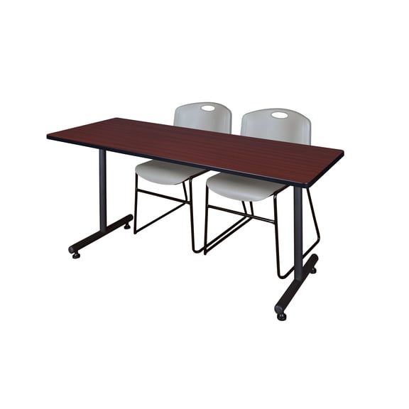 Regency Kobe 66 x 30 in. T-Base Training Seminar Table- Mahogany, 2 Zeng Stack Chairs- Grey