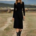 thumbnail image 2 of CIENVNSTG Midi Dresses for Women Formal Suede Retro Western Round Neck Slim Fit Long Sleeved Formal Dresses Black L, 2 of 5
