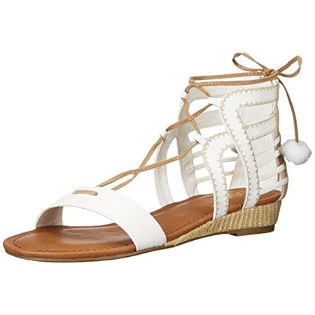 - Sugar Women's Dreamer 2 Open Toe Pom Pom Demi Raffia Lace-up Wedge, White Smooth/Natural, 8 M US