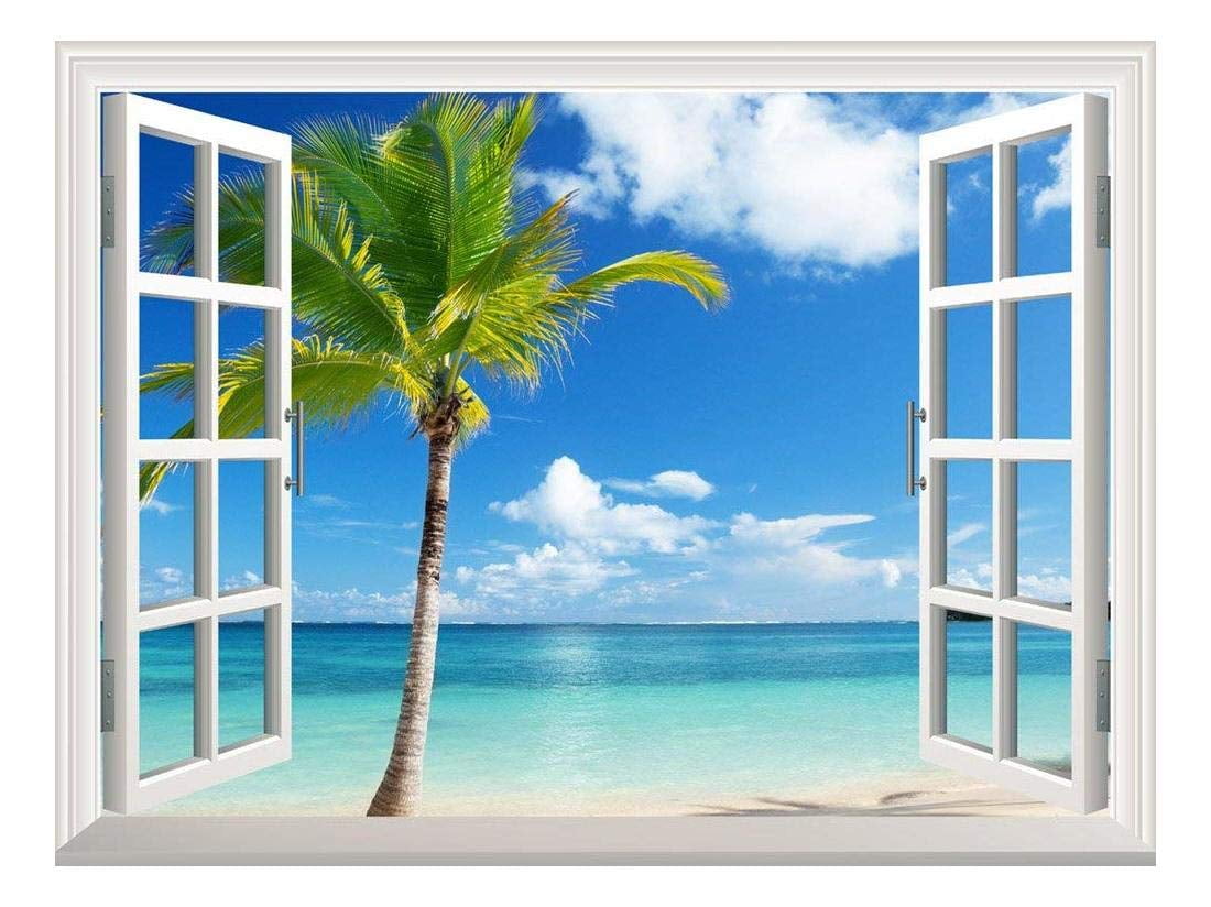 3D Window Tropical Palm Tree Beach View Wall Stickers Wall Mural Wall Decals 