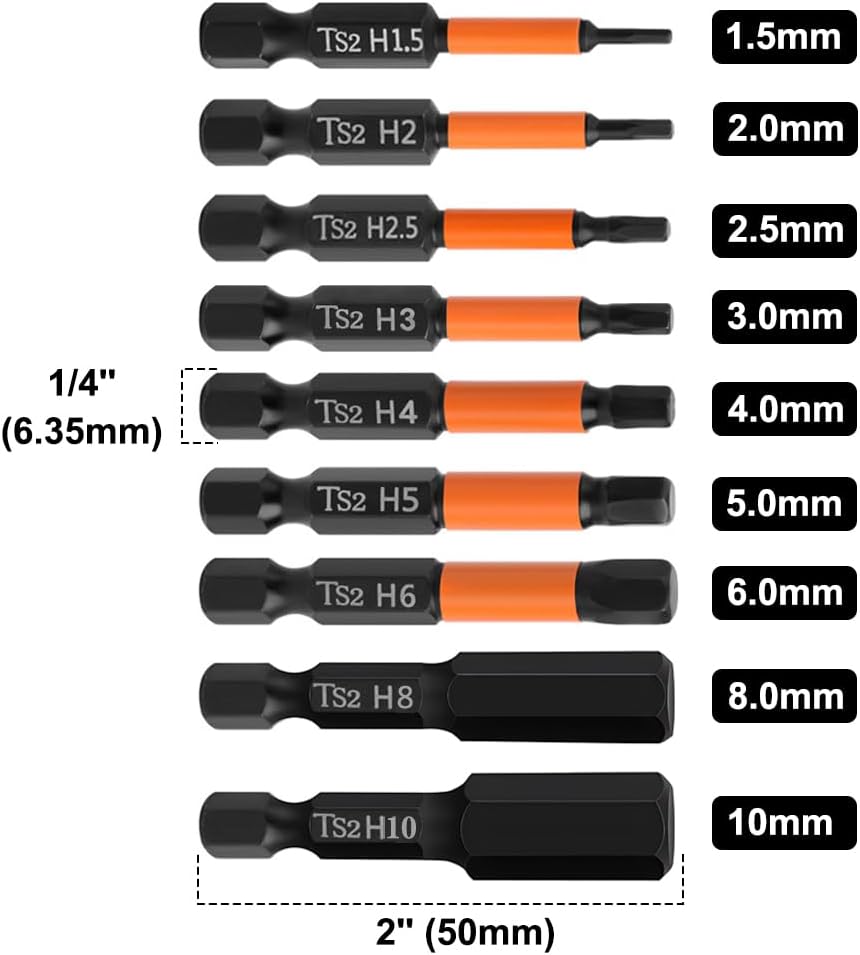 MKEUDQ-9Pcs Hex Head Allen Wrench Drill Bit Set with Magnetic Tips, 1/4'' Hex Shank Impact Hex Bits Set H1.5-H10 Metric S2 Steel Screwdriver Bits, 2 Inch Length