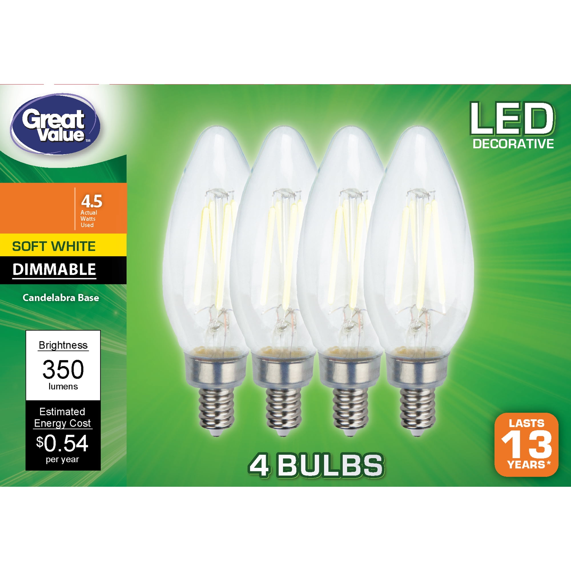 Great Value LED Light Bulb, 4.5 Watts (40W Equivalent) B10 Deco Lamp