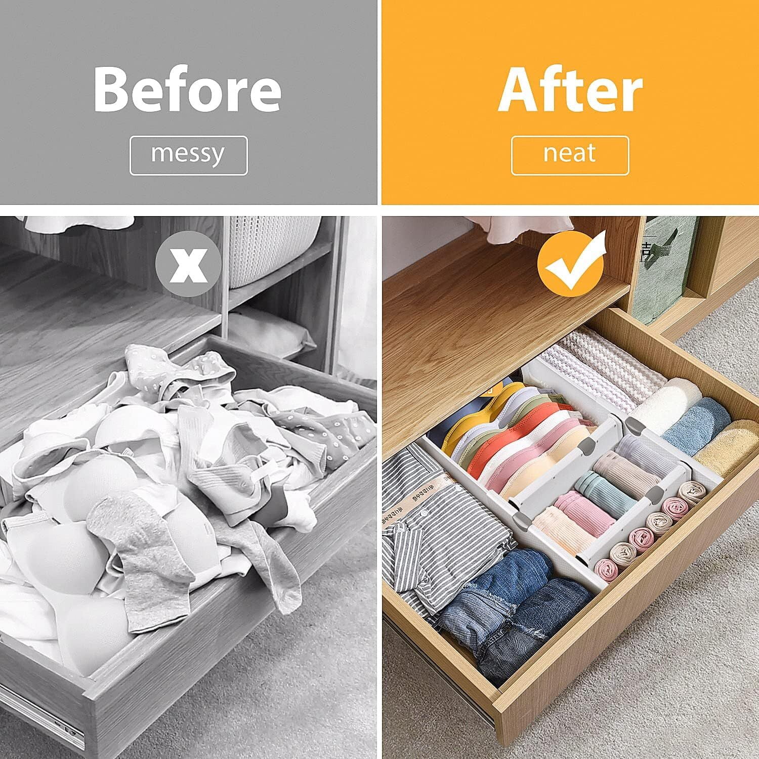 Drawer Dividers Pack of 4, Adjustable and Expandable Drawer Organizer Clothes, Deep Drawer Organizer, Works in Kitchen Utensils Organizer, Dresser Drawer Separators, 2.4'' High, 10.8"-17.3"