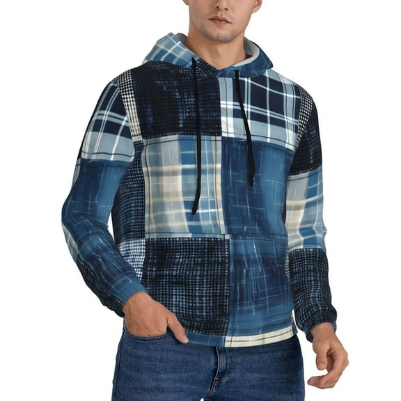 Hoodies for Men - Indigo Patchwork Quilt Long Sleeve Comfrt Men'S Fashion Hoodies & Sweatshirts, Sweatshirts for Men Hoodies Pullover Clothing Clothes with Pouch