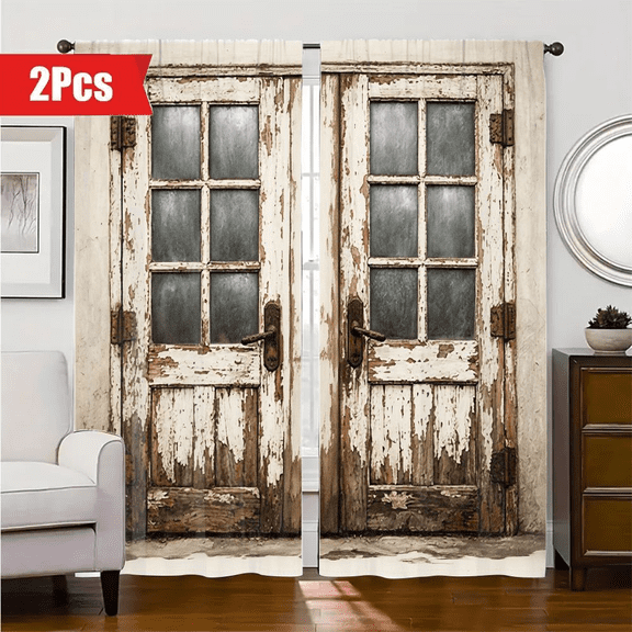 VGTYMENA Rustic Farmhouse Vintage Doors Room Darkening Curtains for Living Bedroom Bedroom W30xH66 Inch 2Pcs