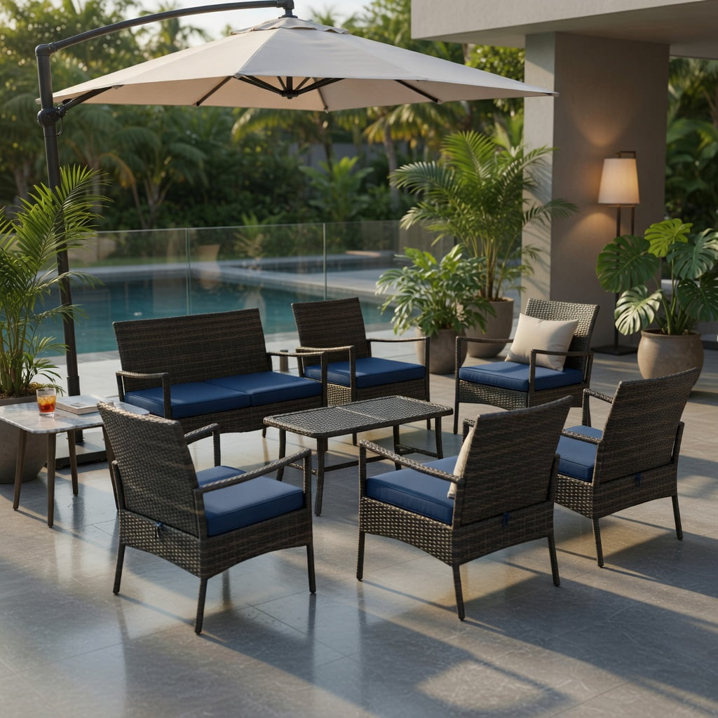 Hommoo 4-Piece Outdoor Wicker Conversation Set with Tempered Glass Coffee Table, Heavy-Duty Metal Frame, Weather-Resistant PE Rattan, Washable Cushions, Navy