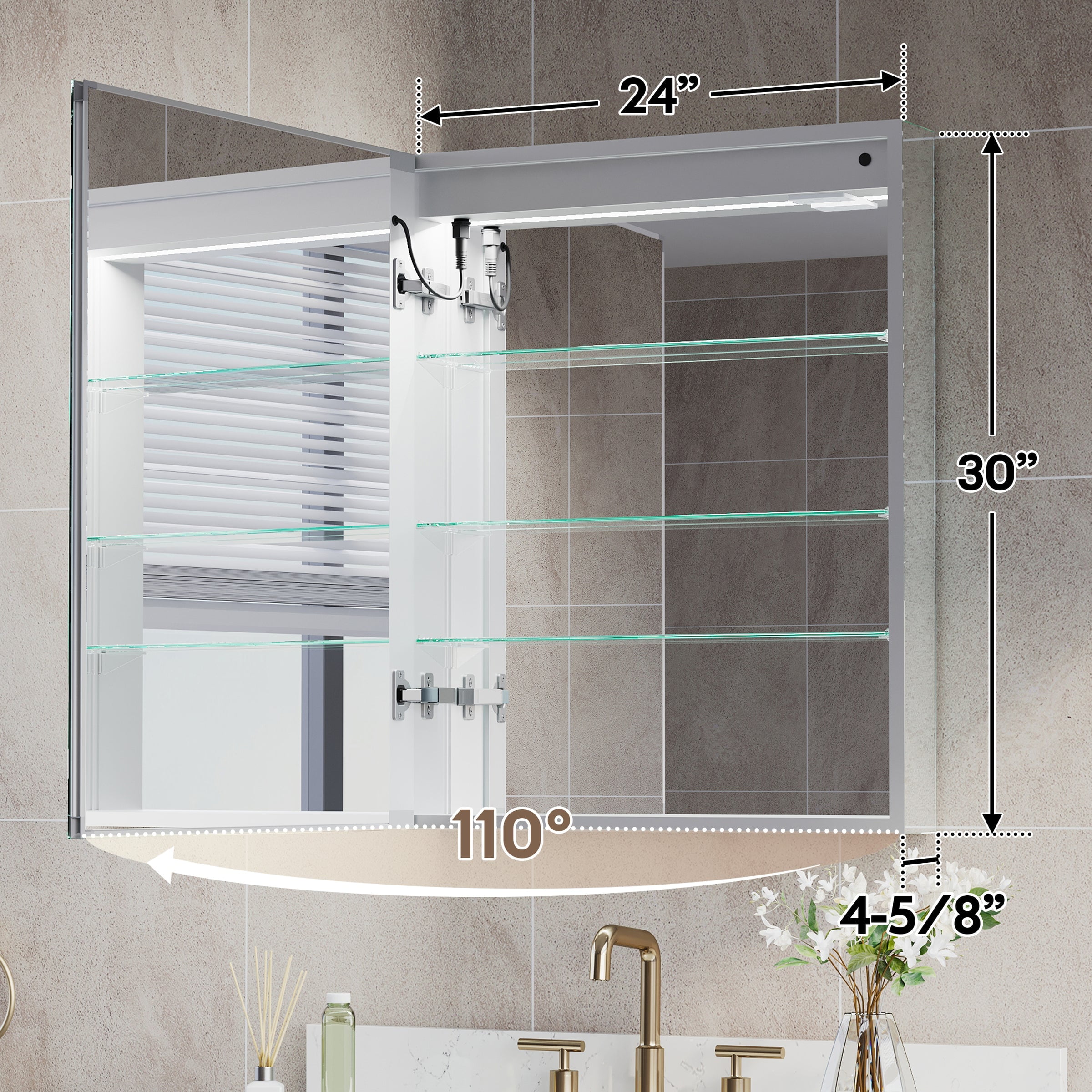 ANGELES HOME 24" x 30" LED Medicine Cabinet with Lights, Medicine Cabinet with Mirror, Surface or Recessed Mounted, Anti-Fog, Dimmable, Memory Function, Outlets & USB, Left Side