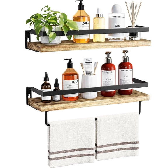 YMWVH Bathroom Shelves with Towel Bar, Floating Shelves, Wall Shelves for Bathroom/Living Room/Kitchen/Bedroom, Light Brown, Set of 2
