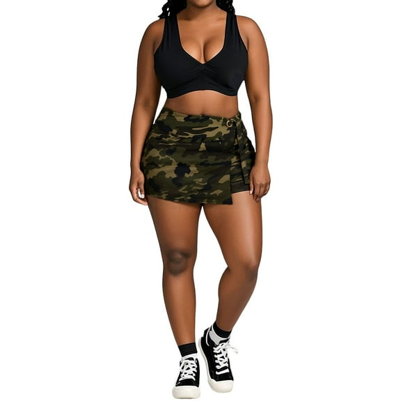 Plus Size Women Camo Skirt Slim Fit Camouflage Cargo Skirts Casual Army Fatigue Shorts with Pockets GN1 L
