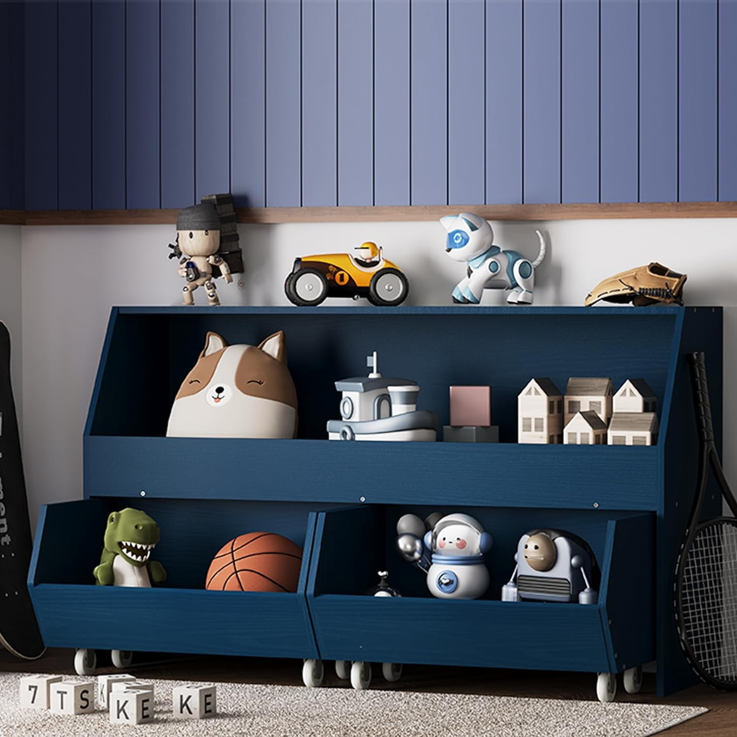 Toy Storage and Organizer  Muti-Functional Bookcase and Storage Bin with Moveable Drawers,2 Ties Storage Carbinet Dark Blue