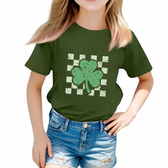YOUYEDIAN Girls Saint Patrick's Day T shirts Kids Holiday Cute Shamrock Graphic Crewneck Tee Teen Festival Short Sleeve Tops (Army Green, 11-12 Years)
