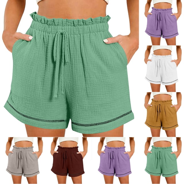 CFLVAEK Shorts for Women Ruffle Waist Drawstring High Waisted Shorts with Pockets Beach Vacation 2025 Trendy Shorts Wine M