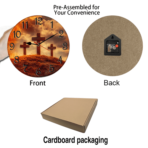 Kurmntregon Jesus God Cross Wall Clock Bible Holy Religious Mountain Wooden For Bathroom Silent Non Ticking Decorative Clock Battery Operated Home Office Living Room Decor Round 10"