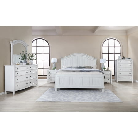 Saline Wood Camelback Planked Queen Bed with Dresser  Mirror  Two Nightstands  and Chest