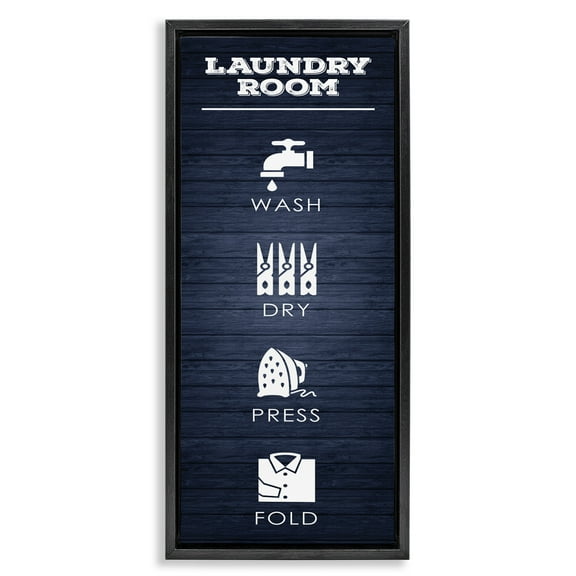 Stupell Industries Laundry Room Icons Rustic Blue Typography Painting Black Floater Framed Canvas Art Print Wall Art, 11 x 25