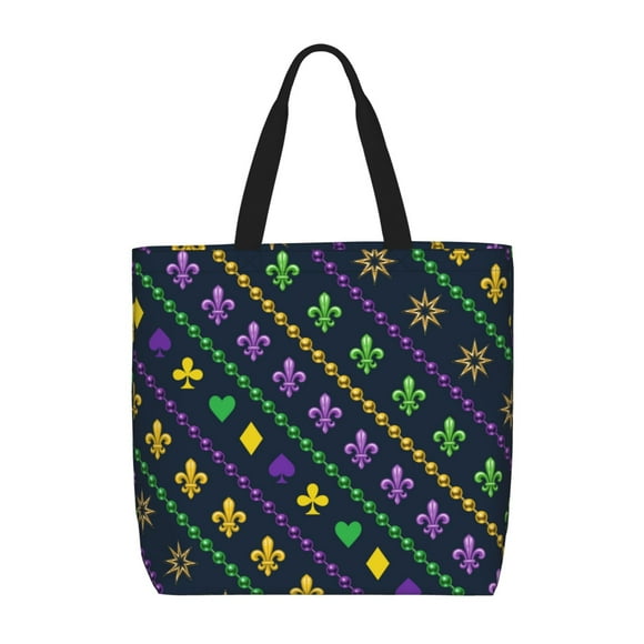 Wukai Mardi Gras Strings of Beads Print Reusable Grocery Bag Shopping Bags with Zipper Shoulder Shopping Handle Bag Suitable for Outdoor Daily Bag