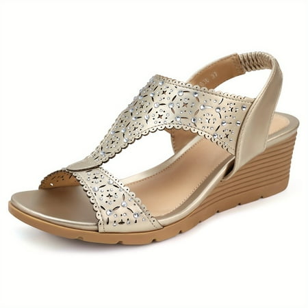 

Women s Rhinestone Decor Wedge Heeled Sandals Casual Elastic Ankle Strap Sandals Comfy T-strap Shoes Comfortable Summer Shoes