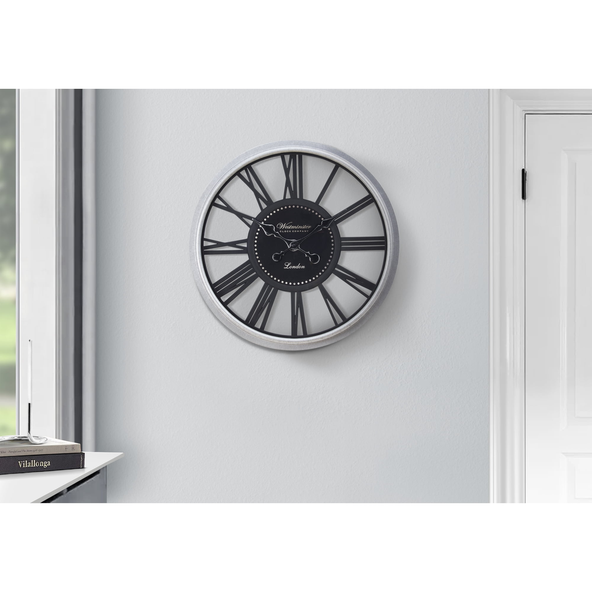 20 Inch Round Wall Clock, Black Silver, Transitional Style, Silent Movement