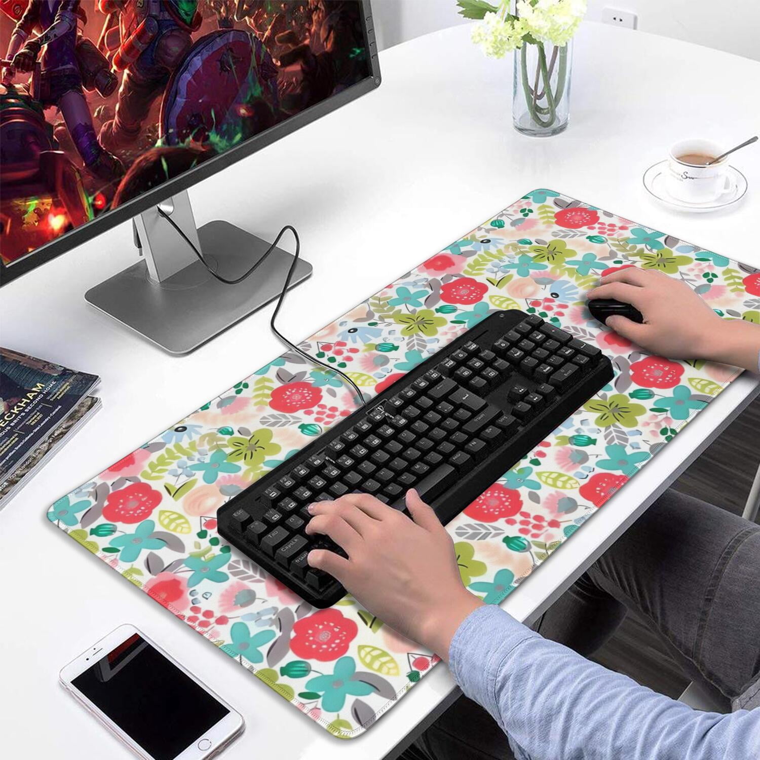 Long Mouse Pads for Desk,Pioneer Flower Floral Print Pattern Desk Mats on Top Of Desks, Desk Mouse Pad Extra Large with 3mm Non-Slip Base and Stitched Edge for Gaming,Office,Work,Home 31.5"x15.7"