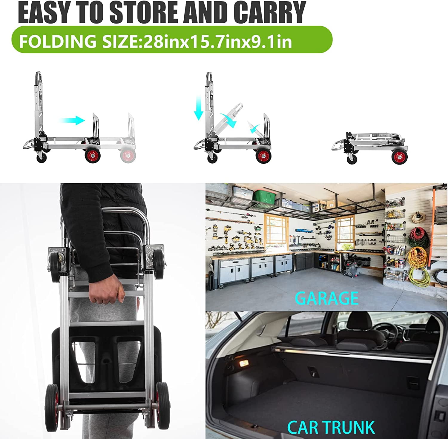 SHZOND 2 in 1 Folding Hand Truck 330 lbs Load Capacity Dolly Cart,Heavy Duty Aluminum Hand Truck with 4 Wheels