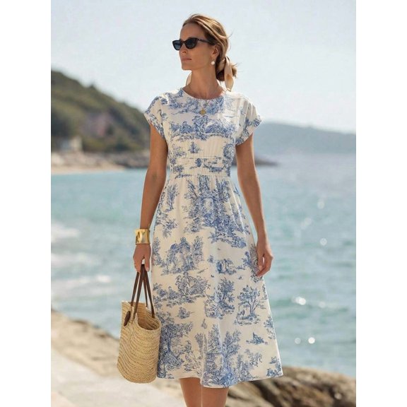 Blue And White Printed Ruched Waist Short Sleeve Midi Dress