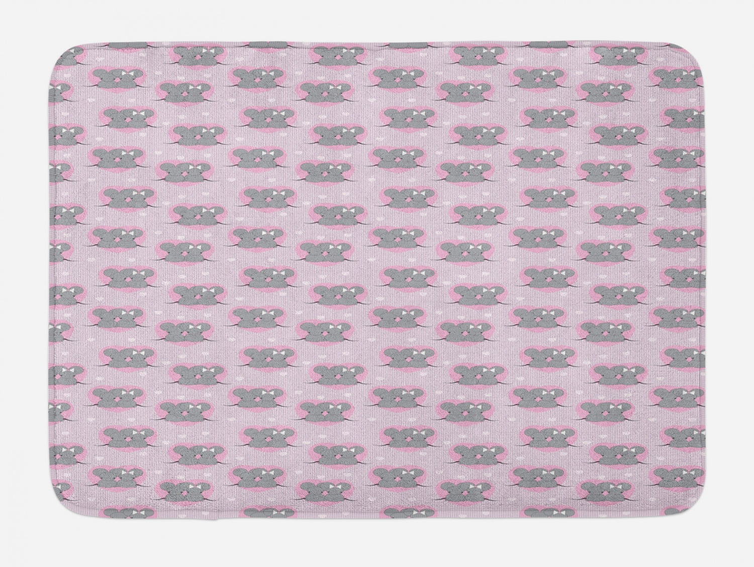 Pink and Grey Bath Mat, Little Mouse Characters with Hearts on Striped