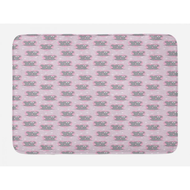 Pink and Grey Bath Mat, Little Mouse Characters with Hearts on Striped Backdrop for Toddler