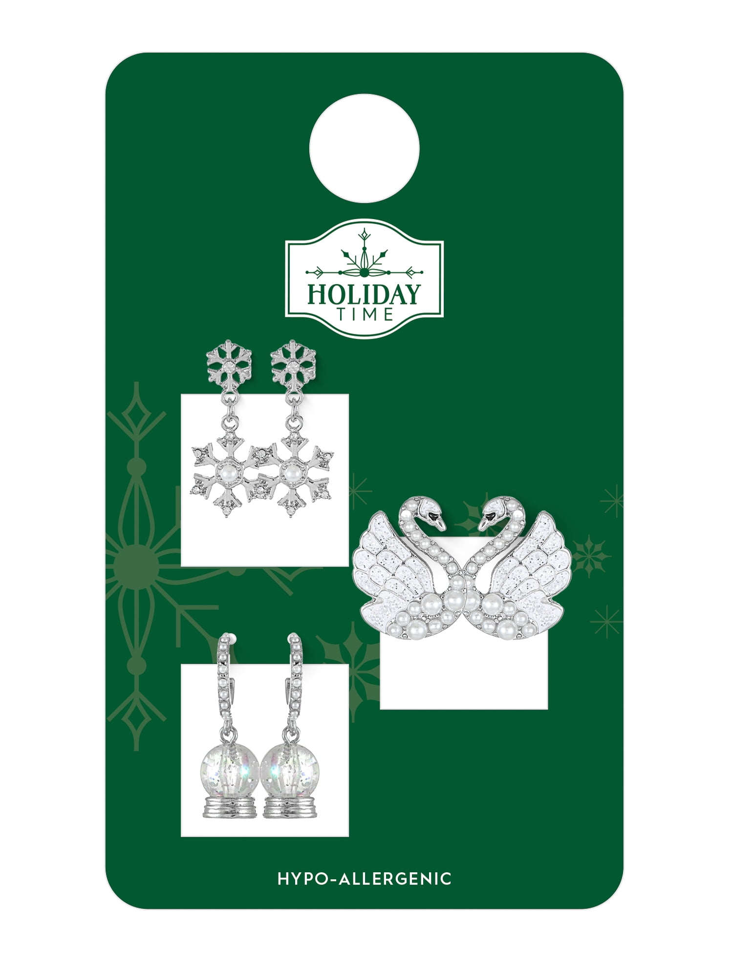 Holiday Time Swan, Snowflake, Snow Globe Earrings, 3 Pairs