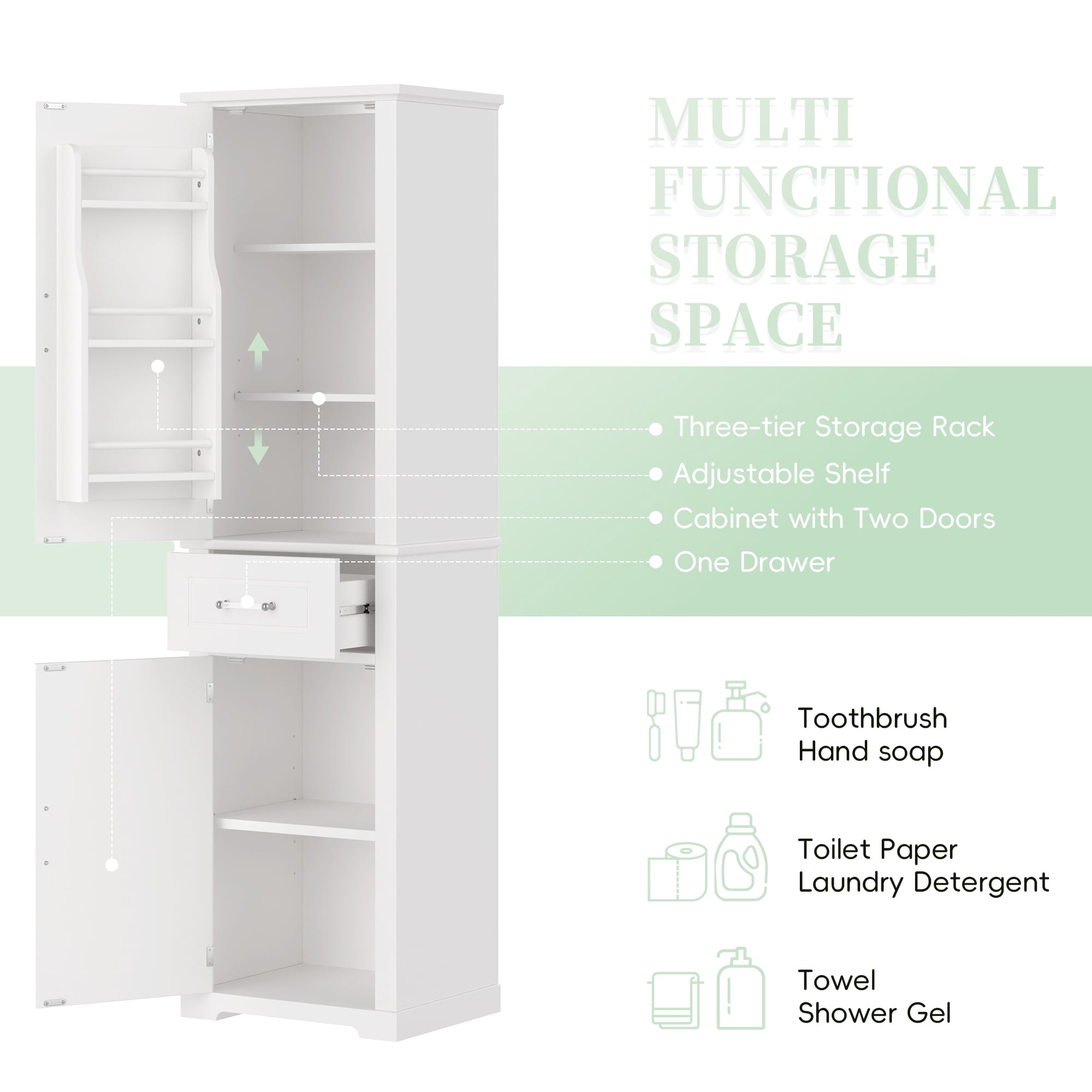 Euroco Tall Bathroom Storage Cabinet, Freestanding Storage Cabinet with Two Different Size Doors and Adjustable Shelf, Door Shelve Design, MDF Board with Painted Finish, White