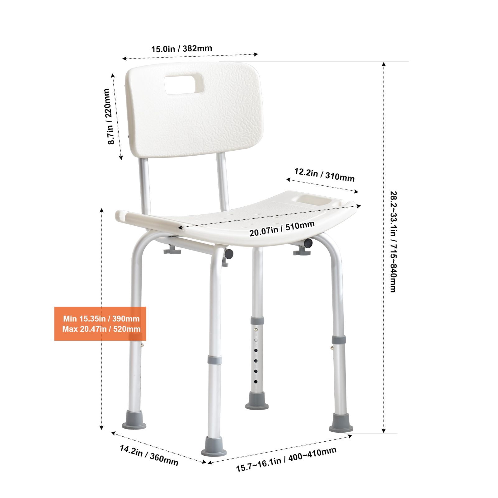 Shower Chair with 350 lbs Capacity, Adjustable Height 15.35-20.47", Non-Slip Feet, Shower Head Holder, Storage Bag for Seniors Disabled