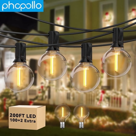 PHOPOLLO 200ft Outdoor String Lights, with 100 G40 Edison Bulbs, Waterproof, Connectable, for Yard Party