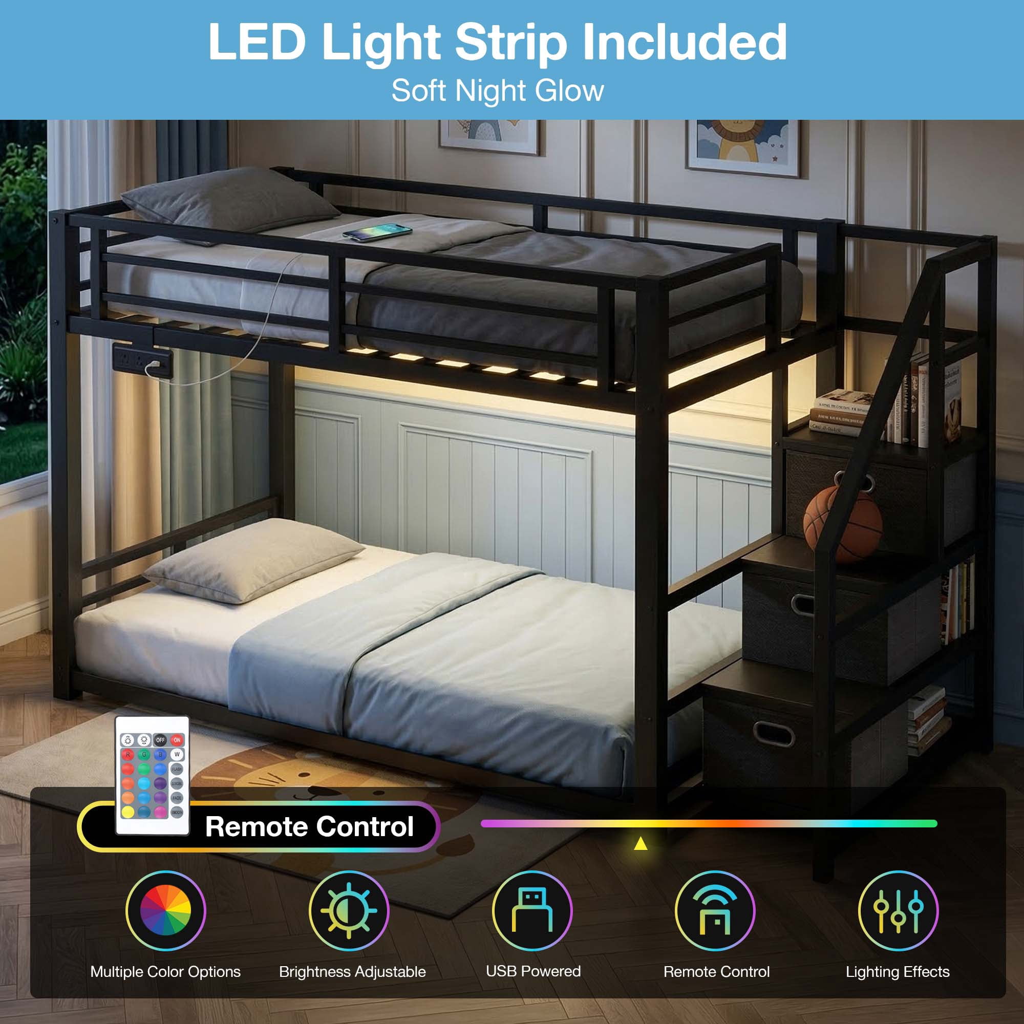 Twin Over Twin Bunk Bed with Storage Stairs, Movable Charging Station and LED Lights, Black