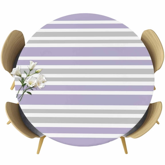 Light Purple Stripes Round Tablecloth, Fitted Table Cover with Elastic for 36"-44" Round Tables, Modern Minimalist Horizontal Lines Table Cloth Outdoor Indoor Dinning Party Waterproof Tablecloths